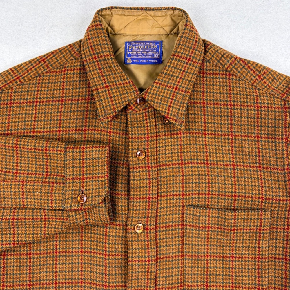 Vintage Pendleton Wool Flannel Shirt Mens Medium Orange Houndstooth Plaid